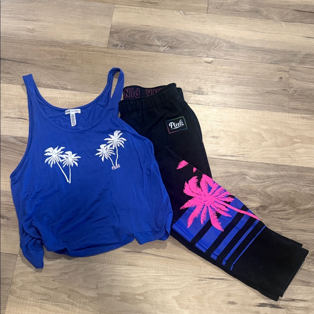 PINK Victoria's Secret Palm Tree Blue and Black Joggers with Tank